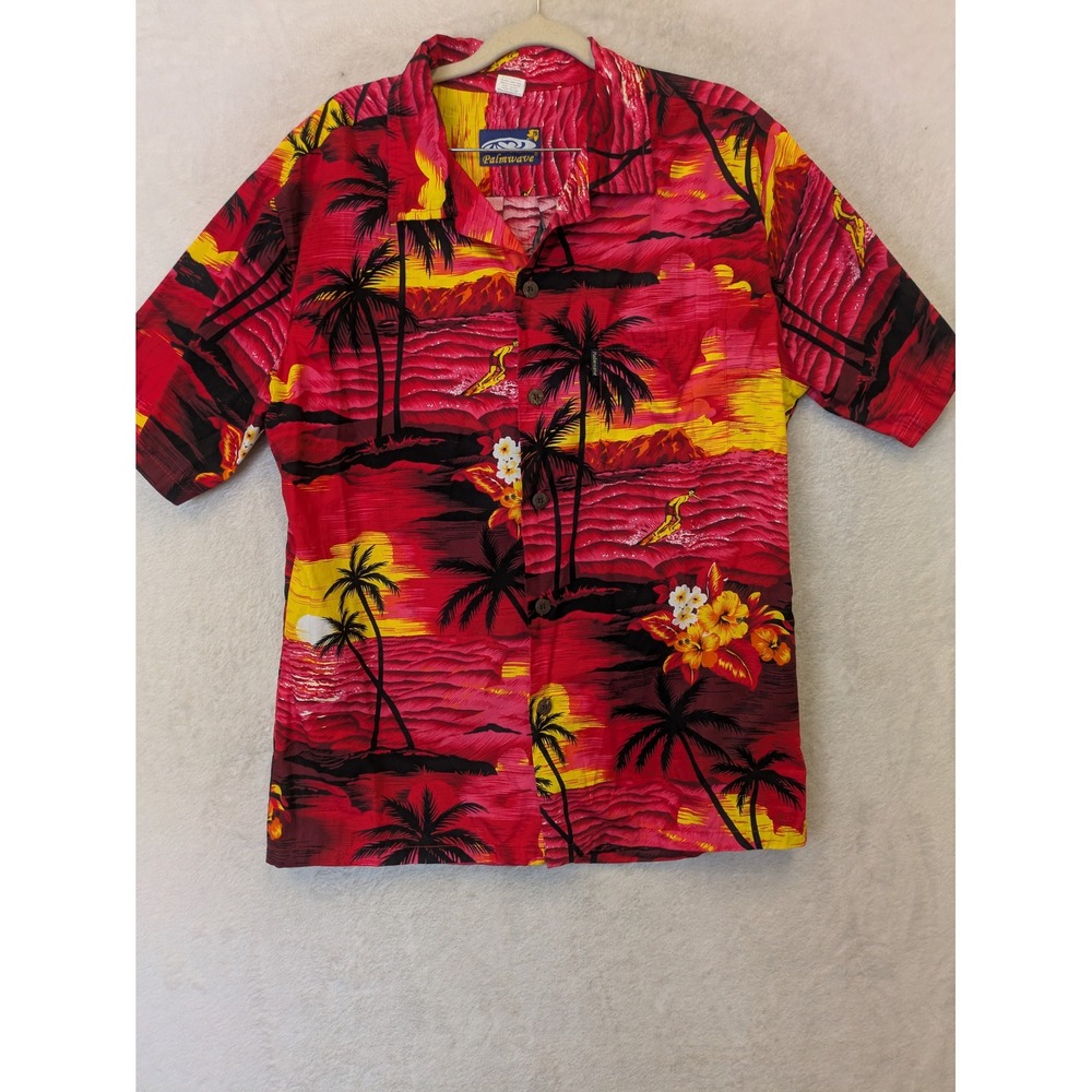 Palmwave‎ Hawaiian Shirt Men's Medium Red Sunset Palm Tree Short Sleeve